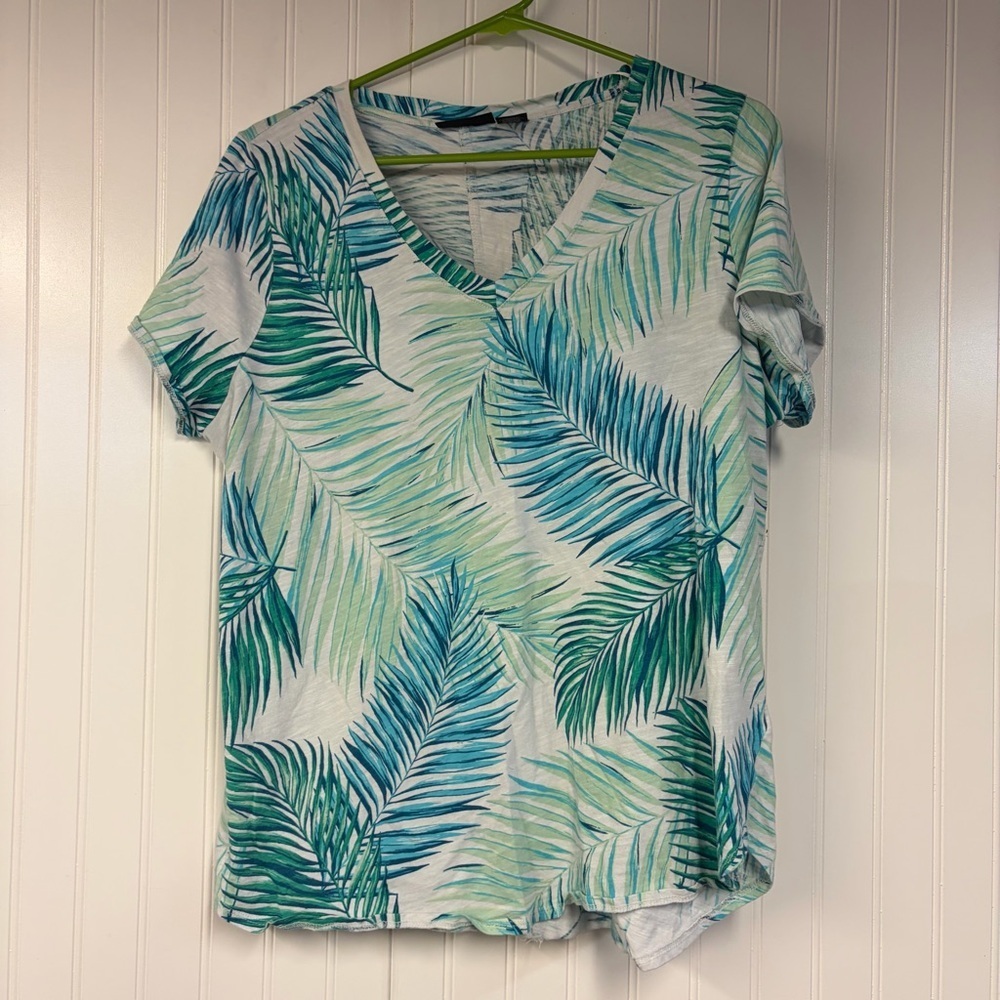 Tahari Women’s Teal Palm-Print V-Neck Top 1X